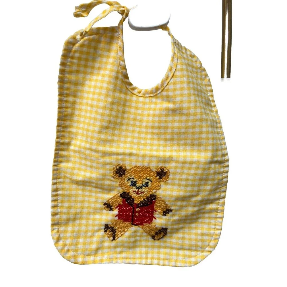 Vtg Pair Hand Cross-Stitched Baby Bibs Quilted Infant Toddler Gingham Boat Bear